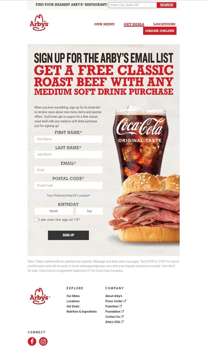 Subscribe to Arby’s Newsletter: